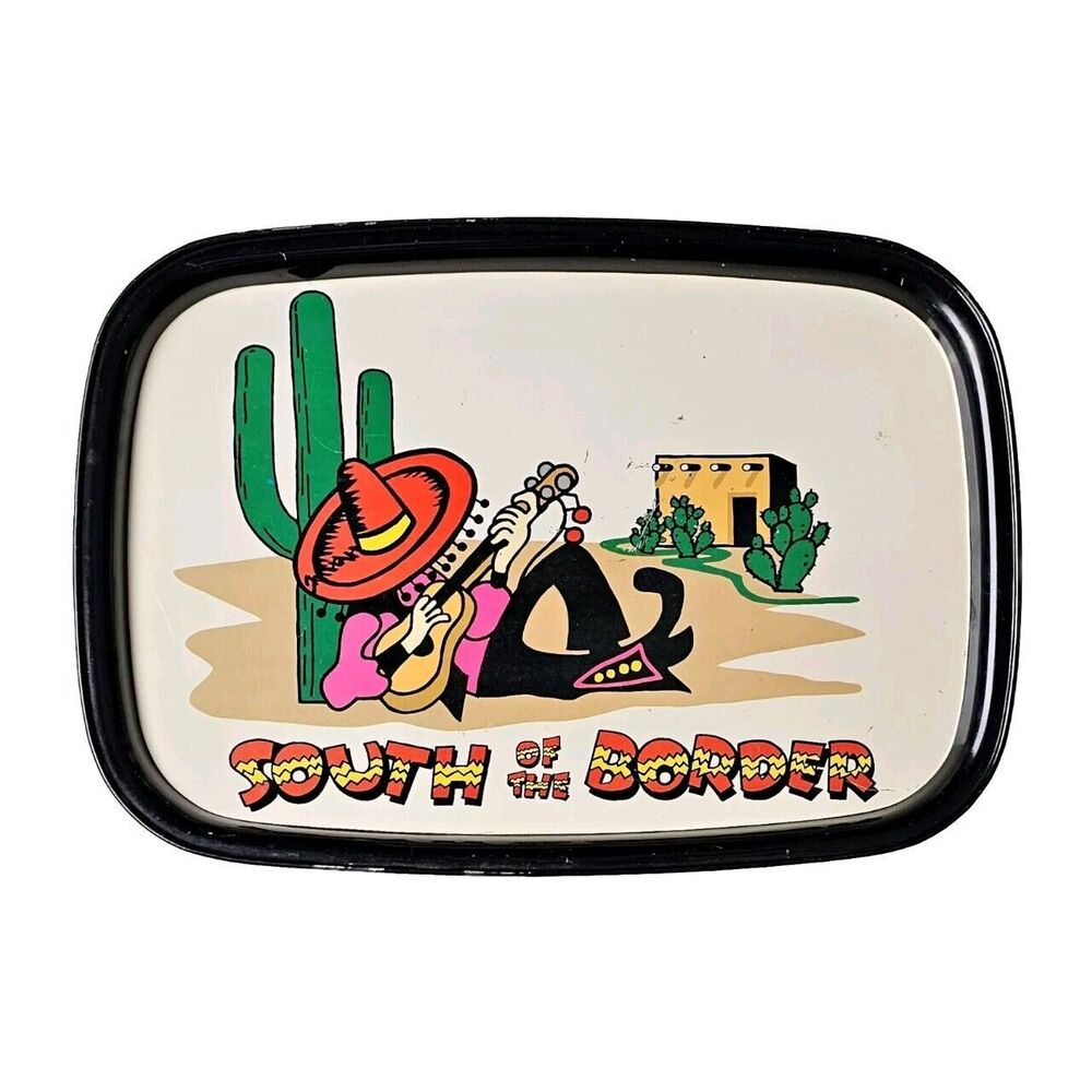 SOUTH OF THE BORDER Metal Tray 1970s Vintage Hong Kong TEX MEX 15.6" x 11" GUC